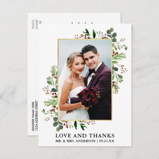 Waterverf Wintergroen Dank Liefde Goud Briefkaart (Voorkant / Achterkant)