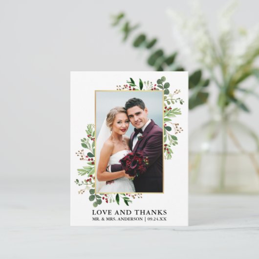 Waterverf Wintergroen Dank Liefde Goud Briefkaart (Staand voorkant)