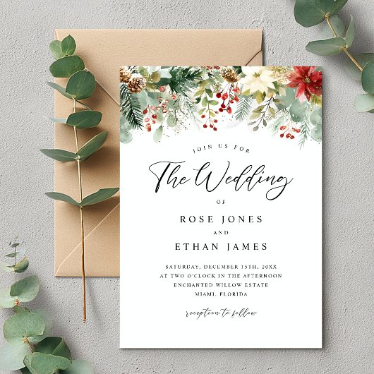 Waterverf Wintergroen Kerstbruiloft Kaart