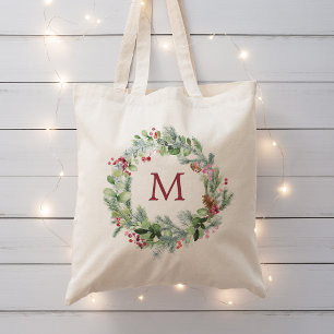 Waterverf Wintergroen Krans Monogram Tote Bag