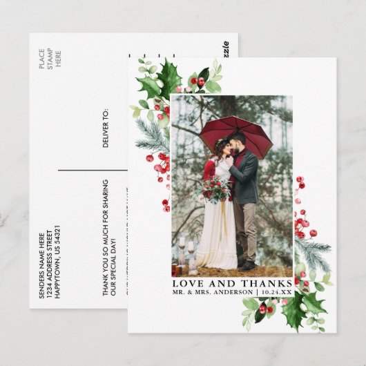 Waterverf Wintergroen Liefde en Dank Trouwdag Briefkaart (Voorkant / Achterkant)