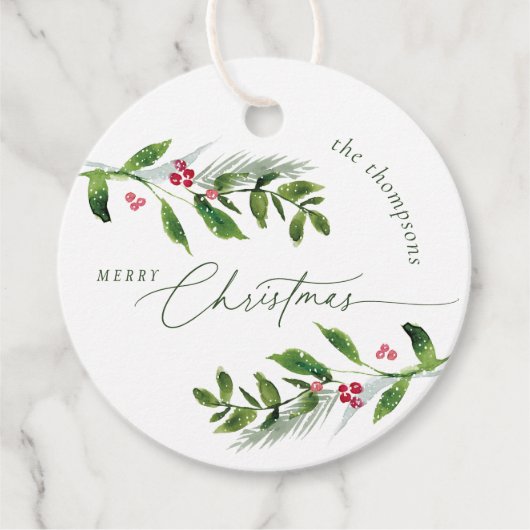 Waterverf Wintergroen Modern Kerstmis Bedankjes Labels (Voorkant)