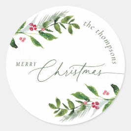 Waterverf Wintergroen Modern Kerstmis Ronde Sticker