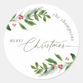 Waterverf Wintergroen Modern Kerstmis Ronde Sticker (Voorkant)