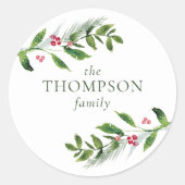 Waterverf Wintergroen Modern Kerstmis Ronde Sticker (Voorkant)