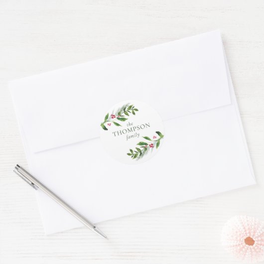 Waterverf Wintergroen Modern Kerstmis Ronde Sticker (Envelop)