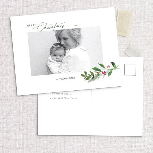 Waterverf Wintergroen Moderne kerstfoto Briefkaart