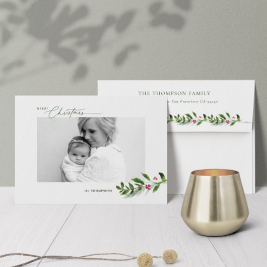 Waterverf Wintergroen Moderne kerstfoto Feestdagenkaart