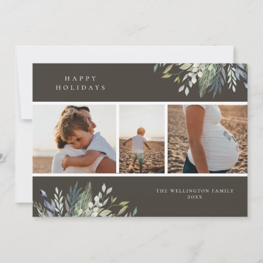Waterverf Wintergroen Vakantie Fotocollage Feestdagenkaart (Voorkant)