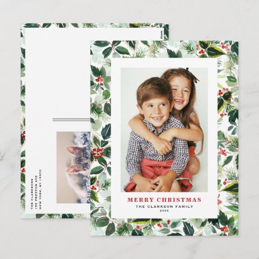 Waterverf Wintergroen Vrolijk kerstfeest Foto Feestdagenkaart (Voorkant / Achterkant)