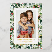 Waterverf Wintergroen Vrolijk kerstfeest Foto Folie Feestdagenkaart (Voorkant)