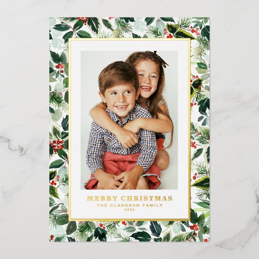 Waterverf Wintergroen Vrolijk kerstfeest Foto Folie Feestdagenkaart (Voorkant)