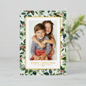 Waterverf Wintergroen Vrolijk kerstfeest Foto Folie Feestdagenkaart (Staand Voorkant)