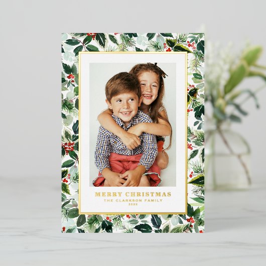 Waterverf Wintergroen Vrolijk kerstfeest Foto Folie Feestdagenkaart (Staand Voorkant)