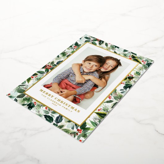 Waterverf Wintergroen Vrolijk kerstfeest Foto Folie Feestdagenkaart (Gedraaid)
