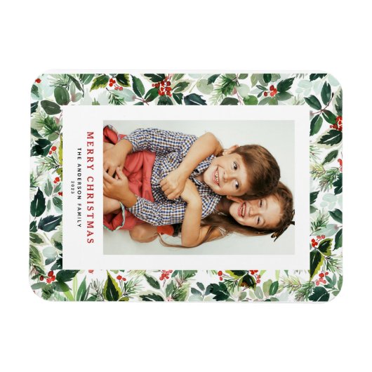 Waterverf Wintergroen Vrolijk kerstfeest Foto Magneet (Horizontaal)