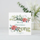 Waterverf wintergroene bladeren met rode bloemen feestdagenkaart (Staand voorkant)