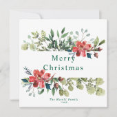 Waterverf wintergroene bladeren met rode bloemen feestdagenkaart (Voorkant)
