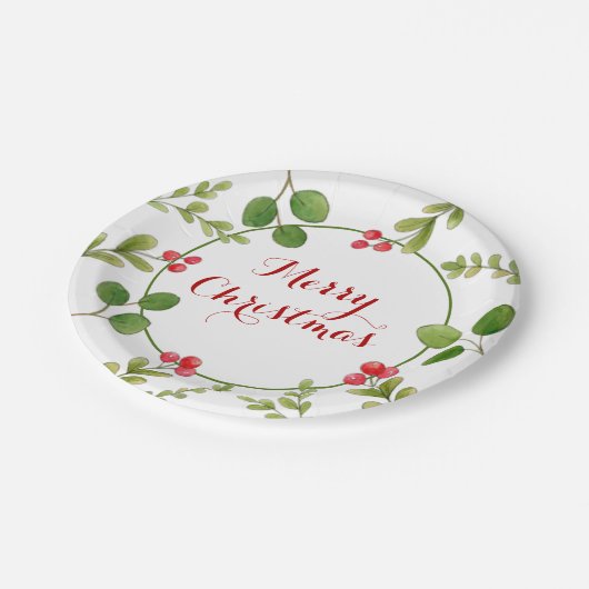 Waterverf wintergroene kerstfeest papieren bordje (Gekanteld)
