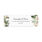 Waterverf Wintergroene pine-boom en witte bloemen Etiket (Voorkant)