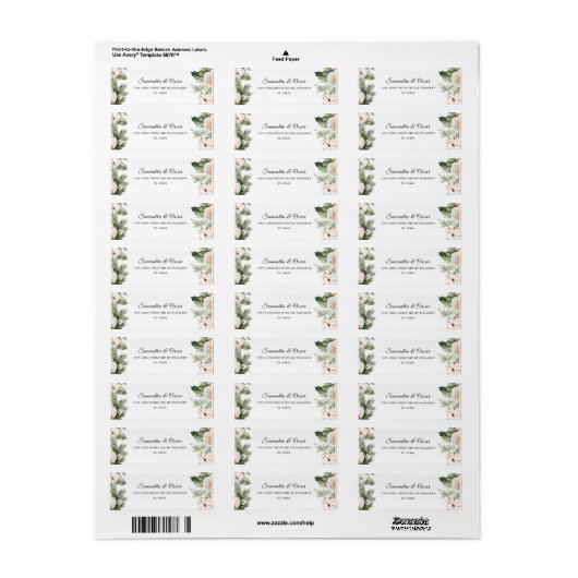 Waterverf Wintergroene pine-boom en witte bloemen Etiket (Full Sheet)
