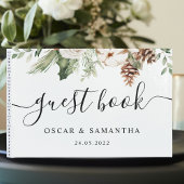 Waterverf Wintergroene pine-boom en witte bloemen Gastenboek