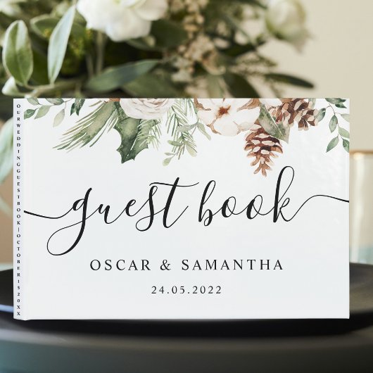 Waterverf Wintergroene pine-boom en witte bloemen Gastenboek