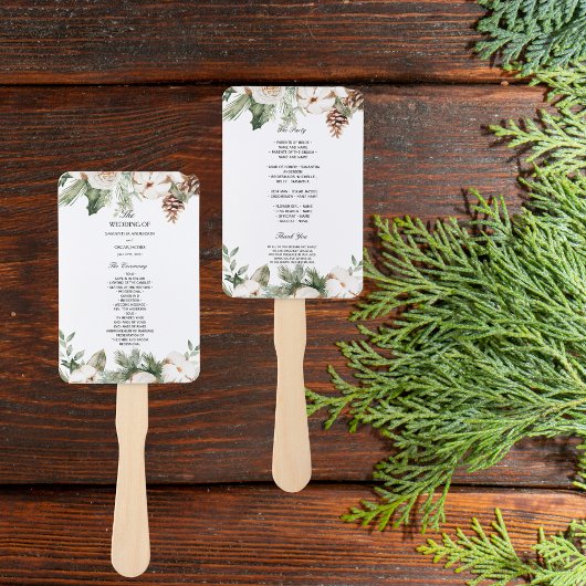 Waterverf Wintergroene pine-boom en witte bloemen Handwaaier