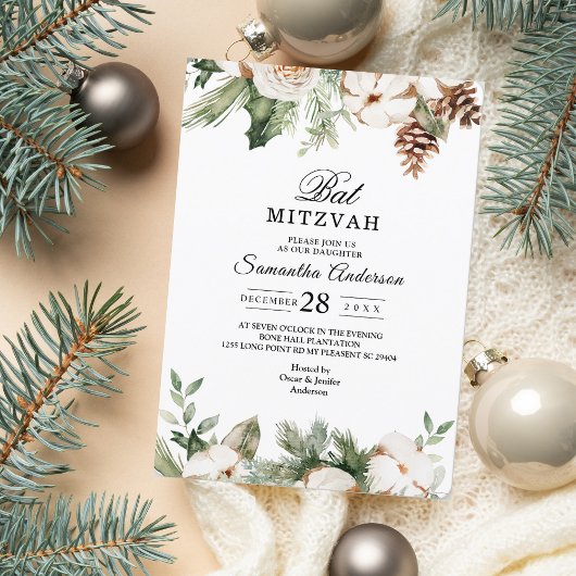 Waterverf Wintergroene pine-boom en witte bloemen Kaart