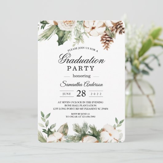 Waterverf Wintergroene pine-boom en witte bloemen Kaart (Staand voorkant)