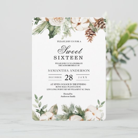 Waterverf Wintergroene pine-boom en witte bloemen Kaart (Staand voorkant)