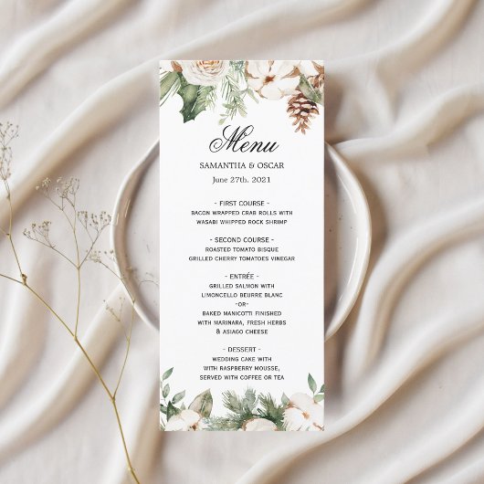 Waterverf Wintergroene pine-boom en witte bloemen Menu