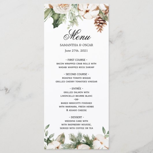 Waterverf Wintergroene pine-boom en witte bloemen Menu (Voorkant)