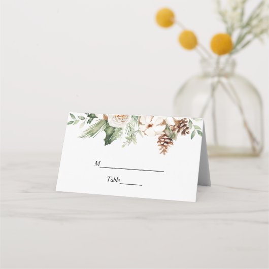 Waterverf Wintergroene pine-boom en witte bloemen Plaatskaartje (Voorkant)