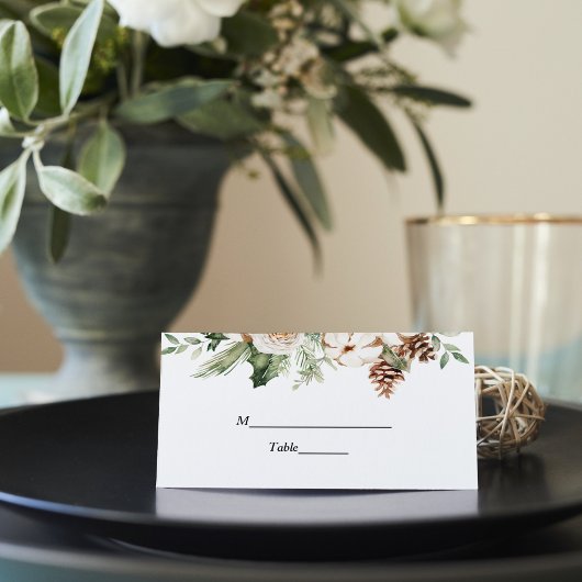 Waterverf Wintergroene pine-boom en witte bloemen Plaatskaartje