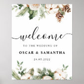 Waterverf Wintergroene pine-boom en witte bloemen Poster (Voorkant)