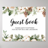 Waterverf Wintergroene pine-boom en witte bloemen Poster (Voorkant)