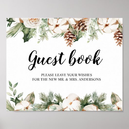 Waterverf Wintergroene pine-boom en witte bloemen Poster (Voorkant)