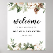 Waterverf Wintergroene pine-boom en witte bloemen Poster (Voorkant)