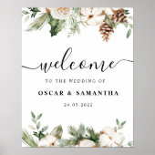 Waterverf Wintergroene pine-boom en witte bloemen Poster (Voorkant)