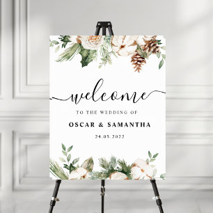 Waterverf Wintergroene pine-boom en witte bloemen Poster