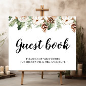 Waterverf Wintergroene pine-boom en witte bloemen Poster