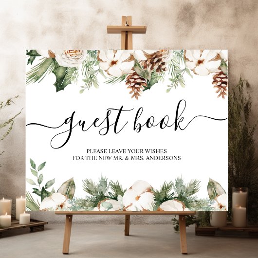 Waterverf Wintergroene pine-boom en witte bloemen Poster