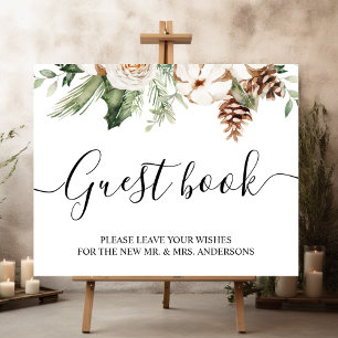 Waterverf Wintergroene pine-boom en witte bloemen Poster
