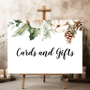 Waterverf Wintergroene pine-boom en witte bloemen Poster