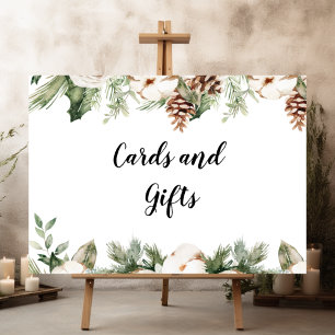 Waterverf Wintergroene pine-boom en witte bloemen Poster