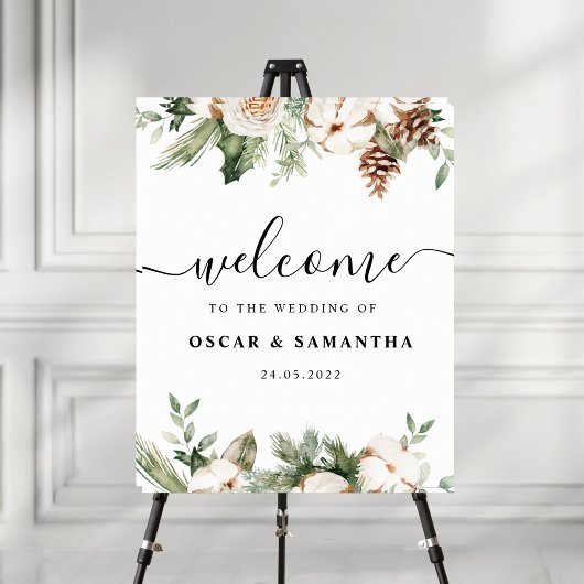 Waterverf Wintergroene pine-boom en witte bloemen Poster