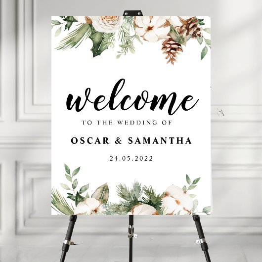 Waterverf Wintergroene pine-boom en witte bloemen Poster