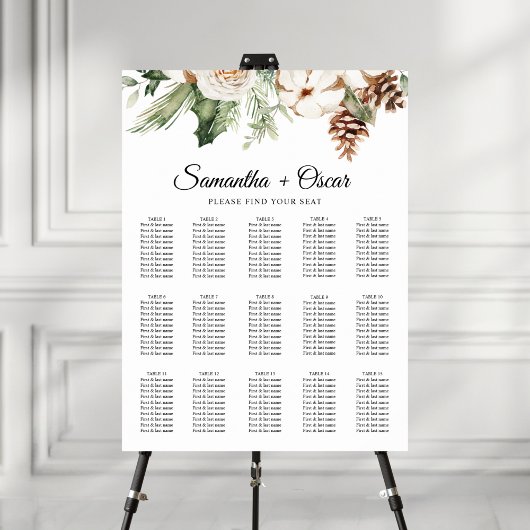 Waterverf Wintergroene pine-boom en witte bloemen Poster