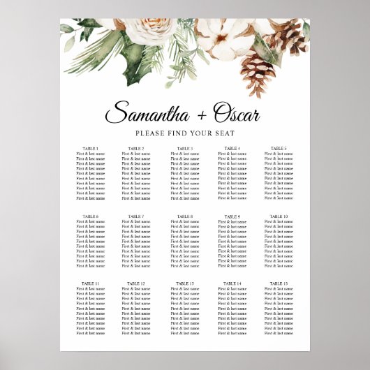 Waterverf Wintergroene pine-boom en witte bloemen Poster (Voorkant)